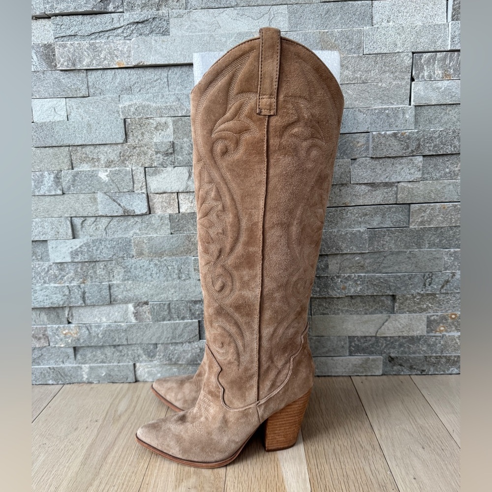 Steve Madden Lasso Pointed Toe Chunky Heel Knee-high Brown Cowboy Boots 8 - Picture 3 of 15